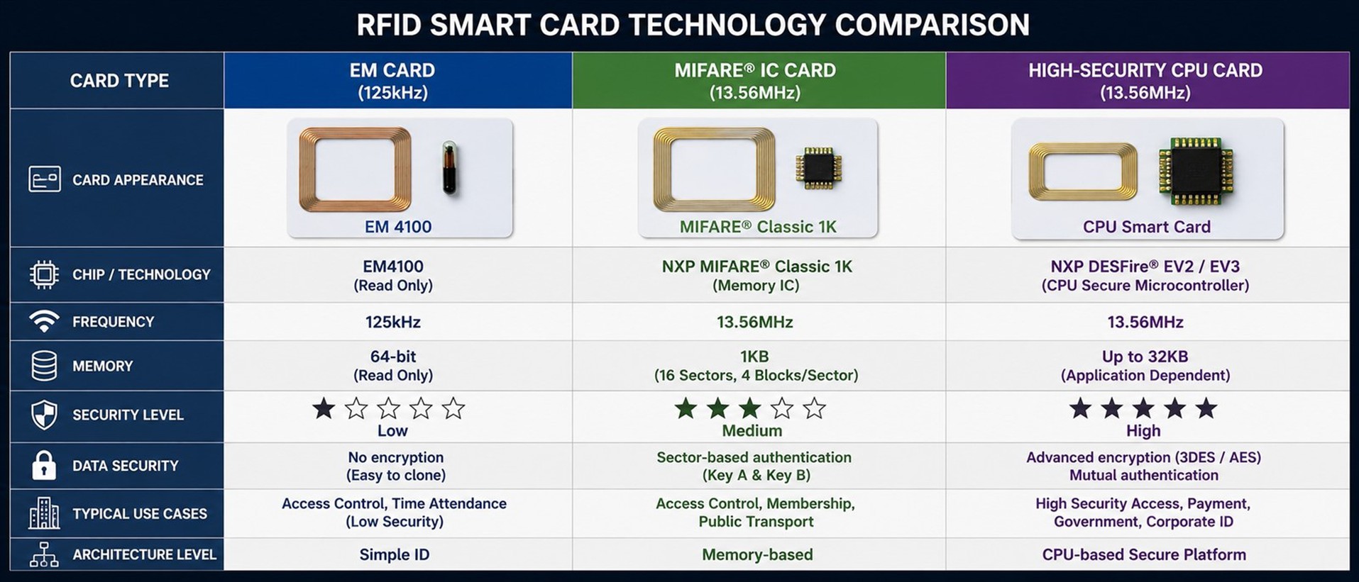 Technical comparison table hardware including EM, Mifare IC, and high-security CPU smart cards with different RFID chips exposed for architectural demonstration Technical comparison table hardware including EM, Mifare IC, and high-security CPU smart cards with different RFID chips exposed for architectural demonstration