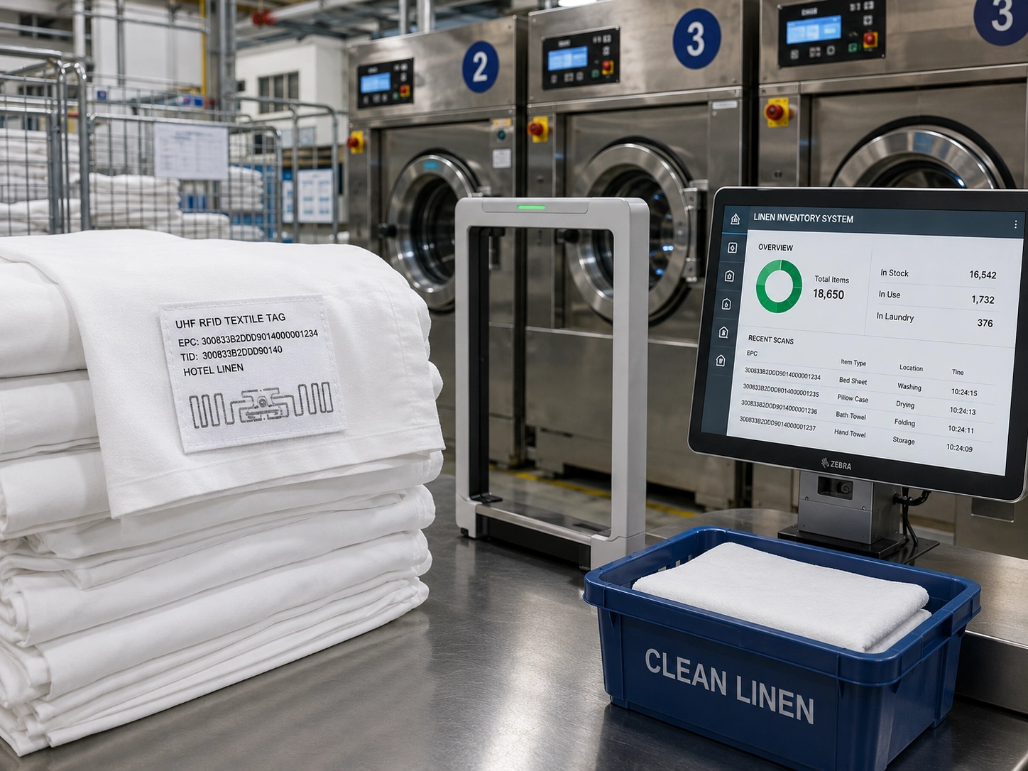 UHF RFID textile tags for hotel linen tracking in an industrial laundry facility equipped with stainless steel washing machines and automated inventory systems UHF RFID textile tags for hotel linen tracking in an industrial laundry facility equipped with stainless steel washing machines and automated inventory systems